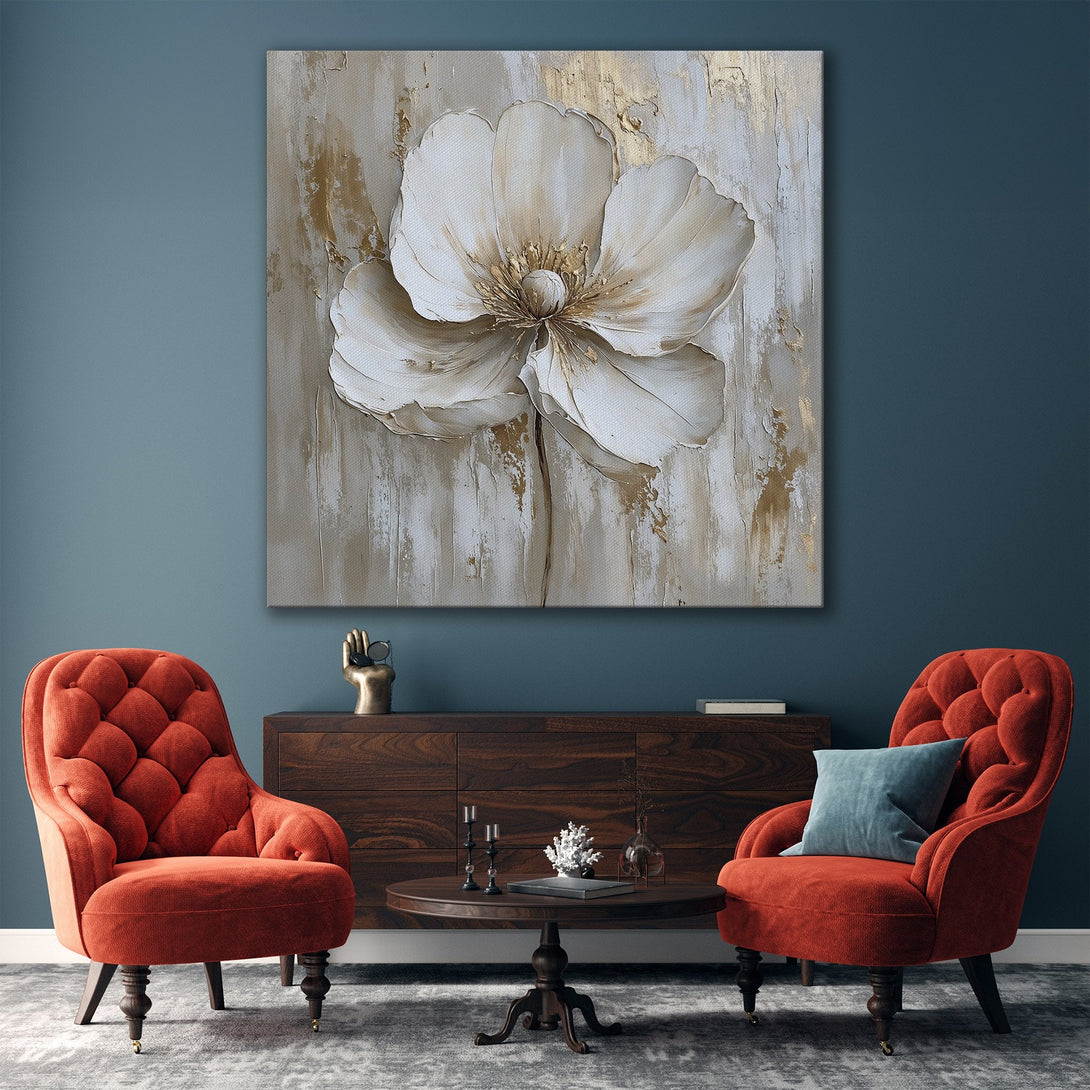 Framed Wall Art featuring a large white flower in a neutral, gold, and beige color palette. Modern abstract art for elegant home decor.