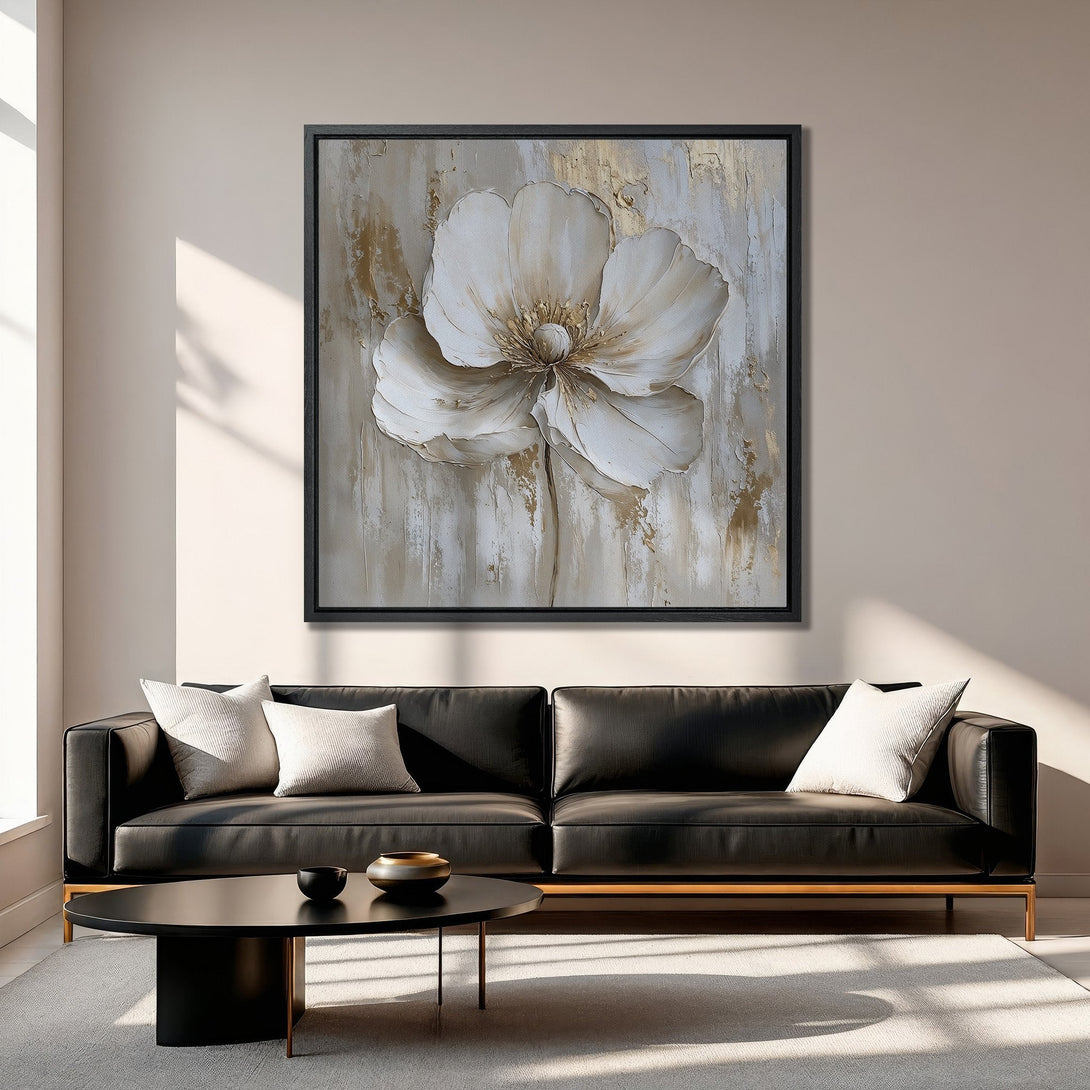Framed Wall Art: Abstract floral Canvas Print in neutral tones. Elevate your space with this elegant, modern art piece, featuring a soothing white and gold palette.