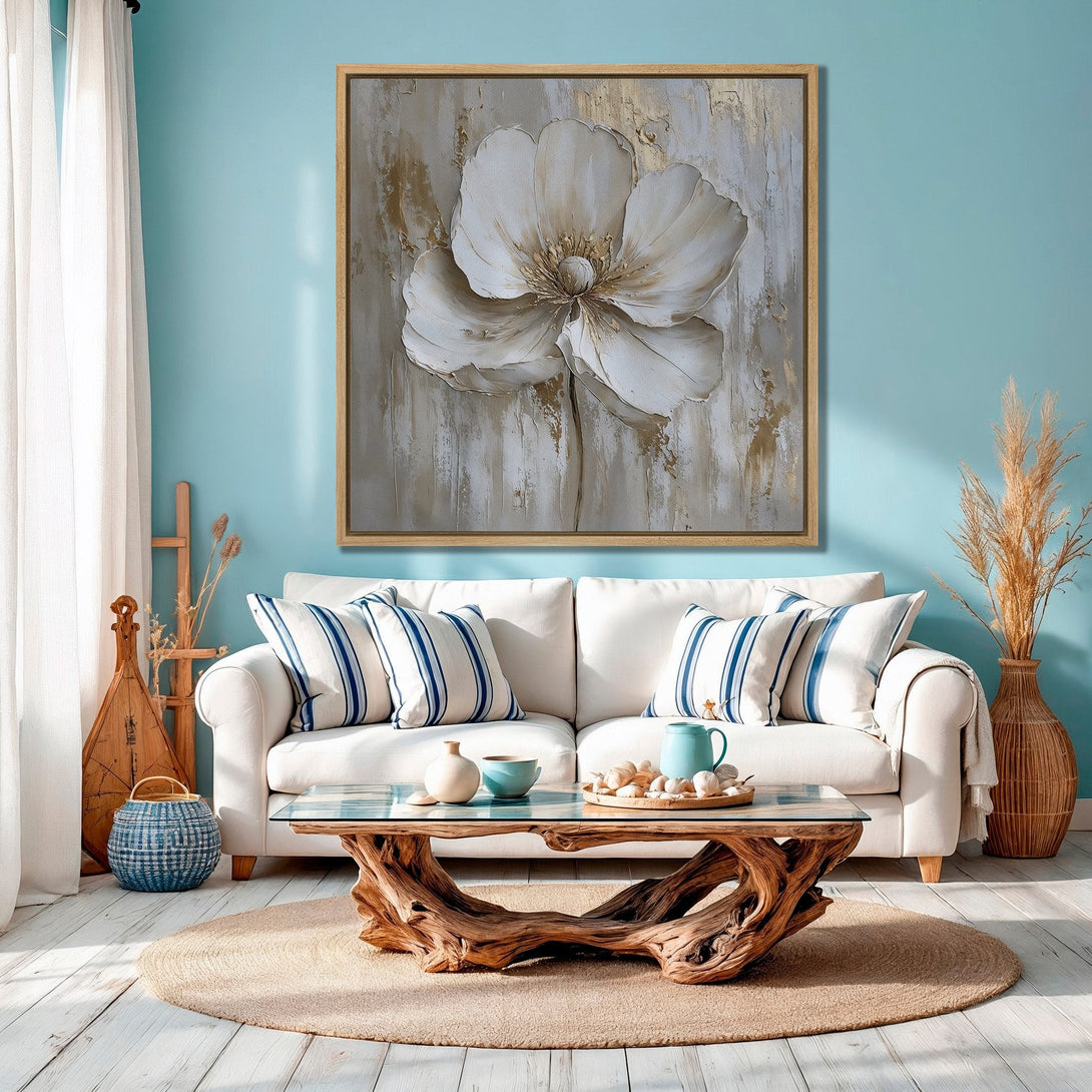 Framed Wall Art: Large white flower painting in a neutral color palette. Coastal decor inspiration for living room.