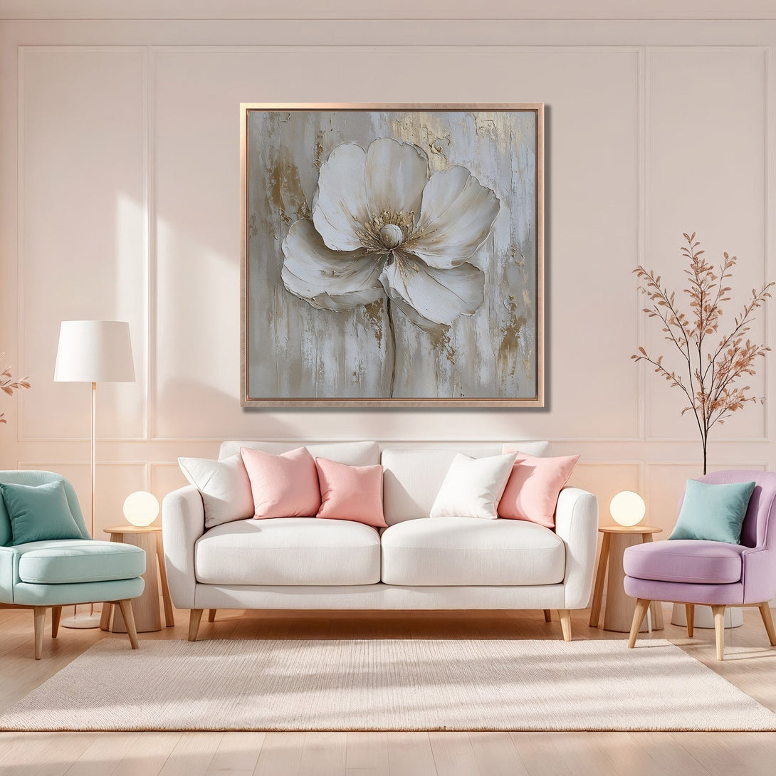 Framed Wall Art featuring a large white flower, displayed in a modern living room with a soft, neutral color palette. Perfect for adding elegance!