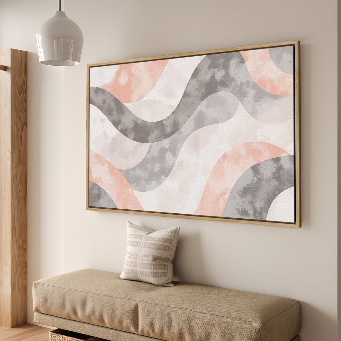 Framed Wall Art featuring abstract watercolor waves in blush, gray, and neutral tones. Modern art for a stylish home decor upgrade.