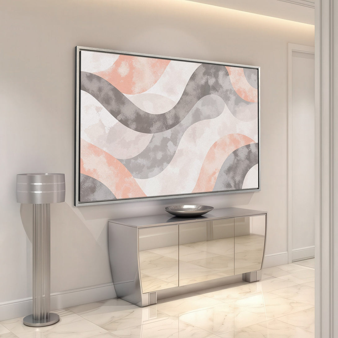 Framed Wall Art featuring an abstract wave design in blush pink, gray, and neutral tones. Modern art for a stylish interior.