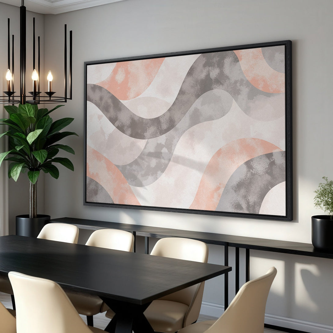 Framed Wall Art featuring an abstract wave design in a neutral color palette of blush, gray, and beige. Perfect for modern home decor.