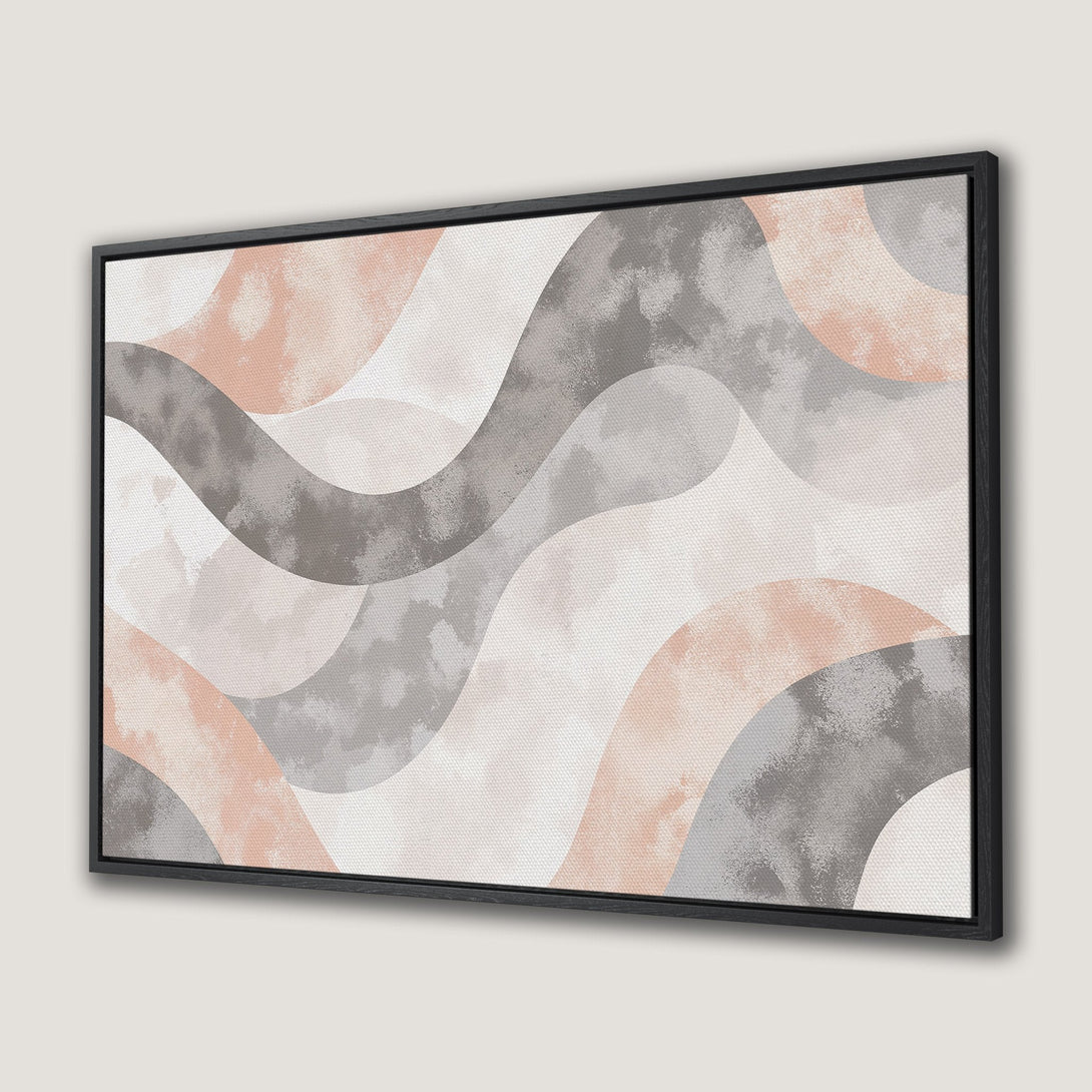 Framed Wall Art featuring abstract wave design in blush pink, gray, and neutral tones. Modern canvas print perfect for any interior.