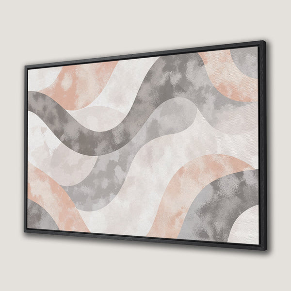Framed Wall Art featuring abstract wave design in blush pink, gray, and neutral tones. Modern canvas print perfect for any interior.