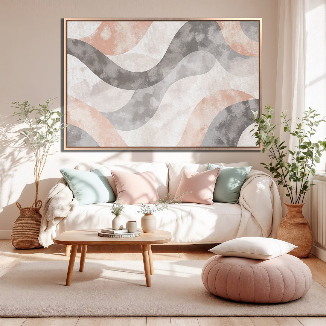 Framed Wall Art featuring abstract wavy design in blush pink and gray tones. Modern canvas print perfect for living room decor.