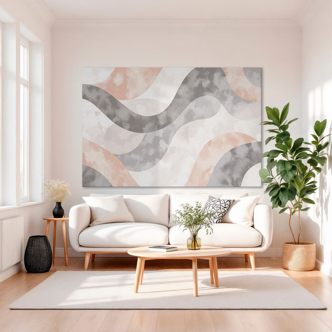 Framed Wall Art featuring abstract waves in blush pink, gray, and neutral tones. Modern art for living room decor.