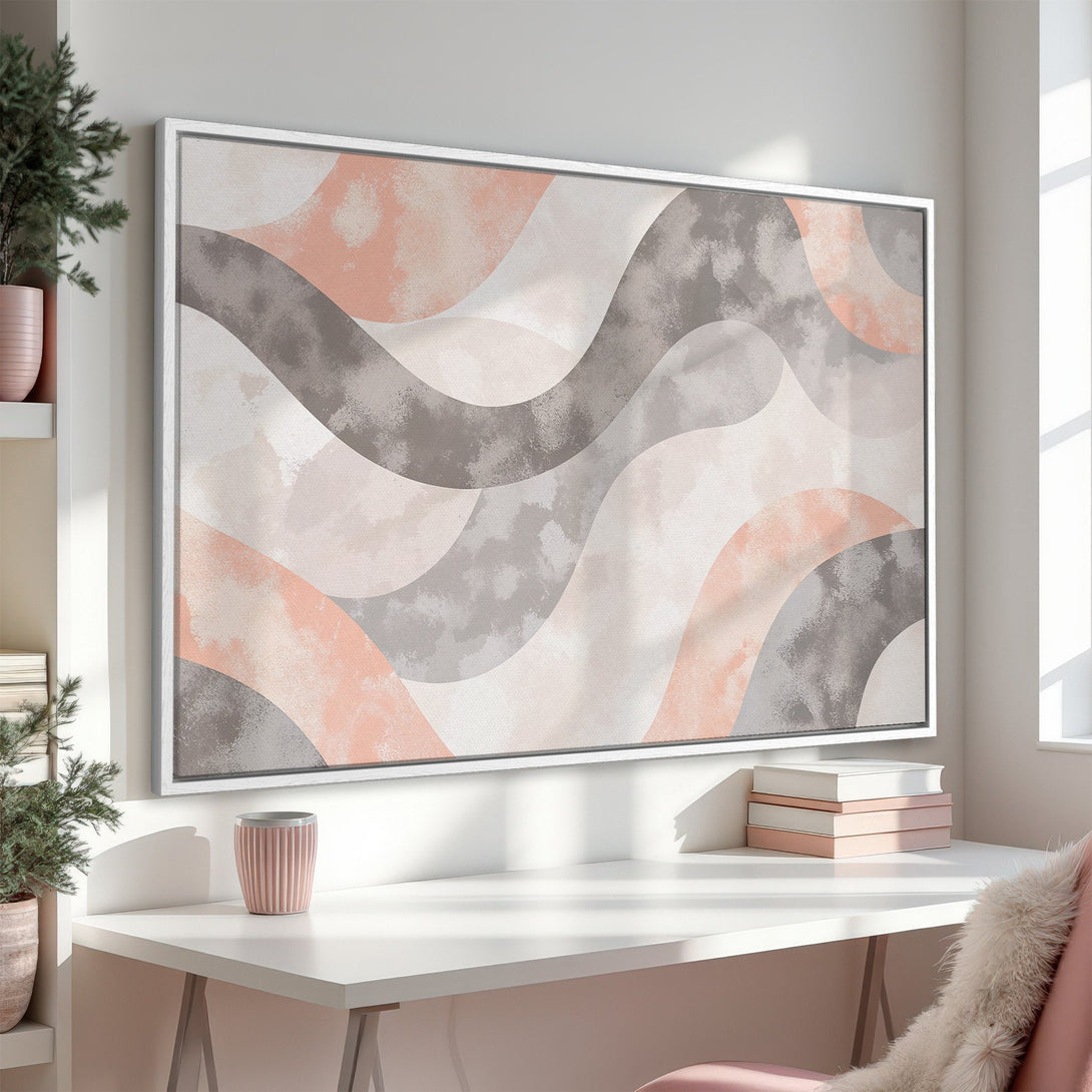Framed Wall Art featuring abstract waves in a modern style, with a soft peach and gray color palette. Perfect for adding a touch of elegance to any space.
