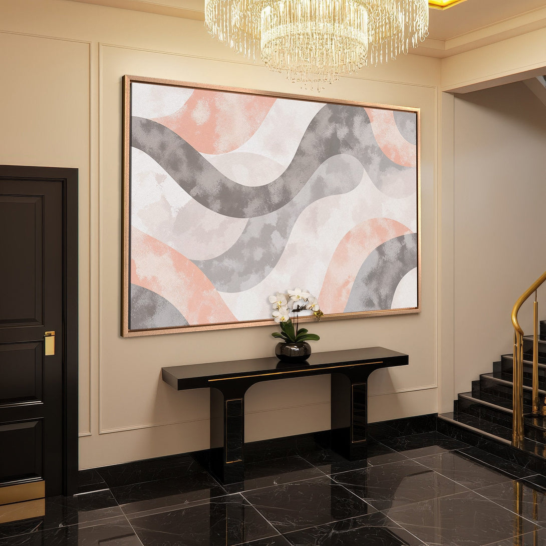 Framed Wall Art featuring an abstract design in pink, gray, and neutral tones. Modern style canvas print perfect for any home decor.