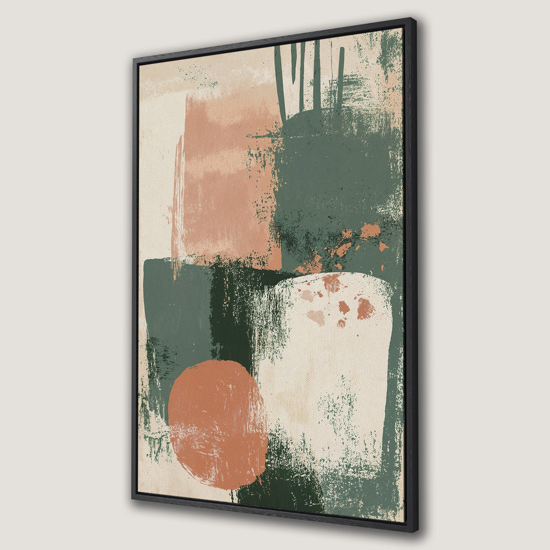 Framed Wall Art featuring an abstract design with earthy tones of green, peach, and beige. Modern art for your home decor.