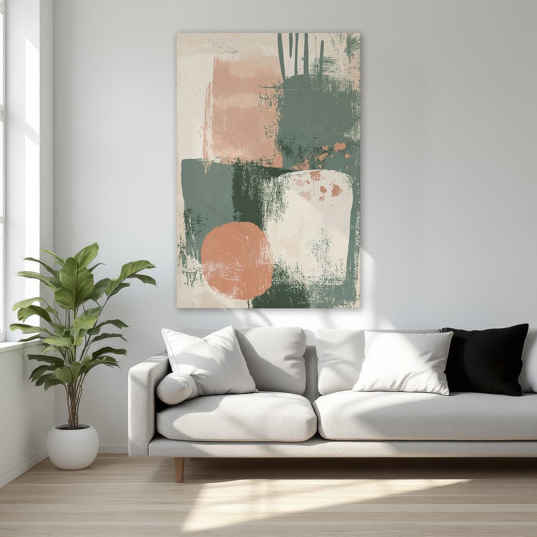 Abstract Canvas Print with a gold frame, featuring a modern design in green, peach, and cream tones. Perfect wall art for any room.