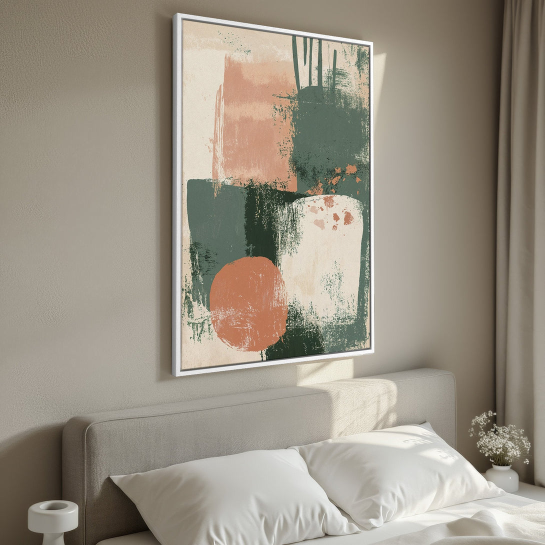 Framed Wall Art: Abstract art Canvas Print with a modern style, featuring earthy tones of green, peach, and cream. Perfect for bedroom decor.