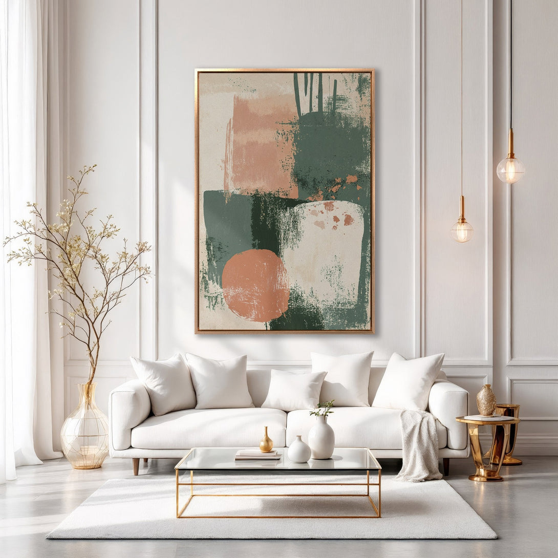 Framed Wall Art: Abstract painting in a modern living room. Features a warm color palette with shades of green, peach, and cream. Perfect for home decor.