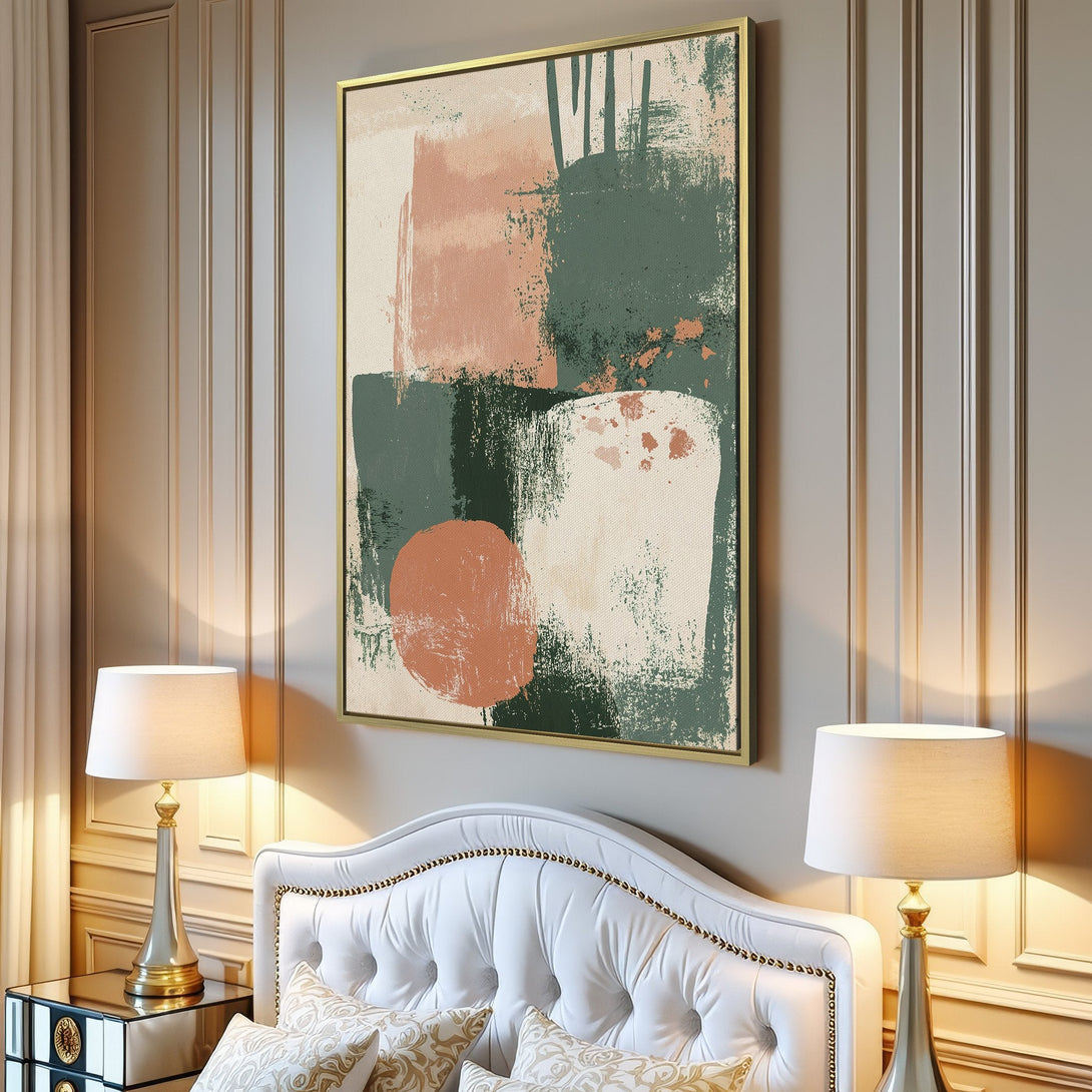 Abstract Canvas Print featuring a modern, minimalist design with muted green, peach, and cream tones. Perfect wall art for any living room.