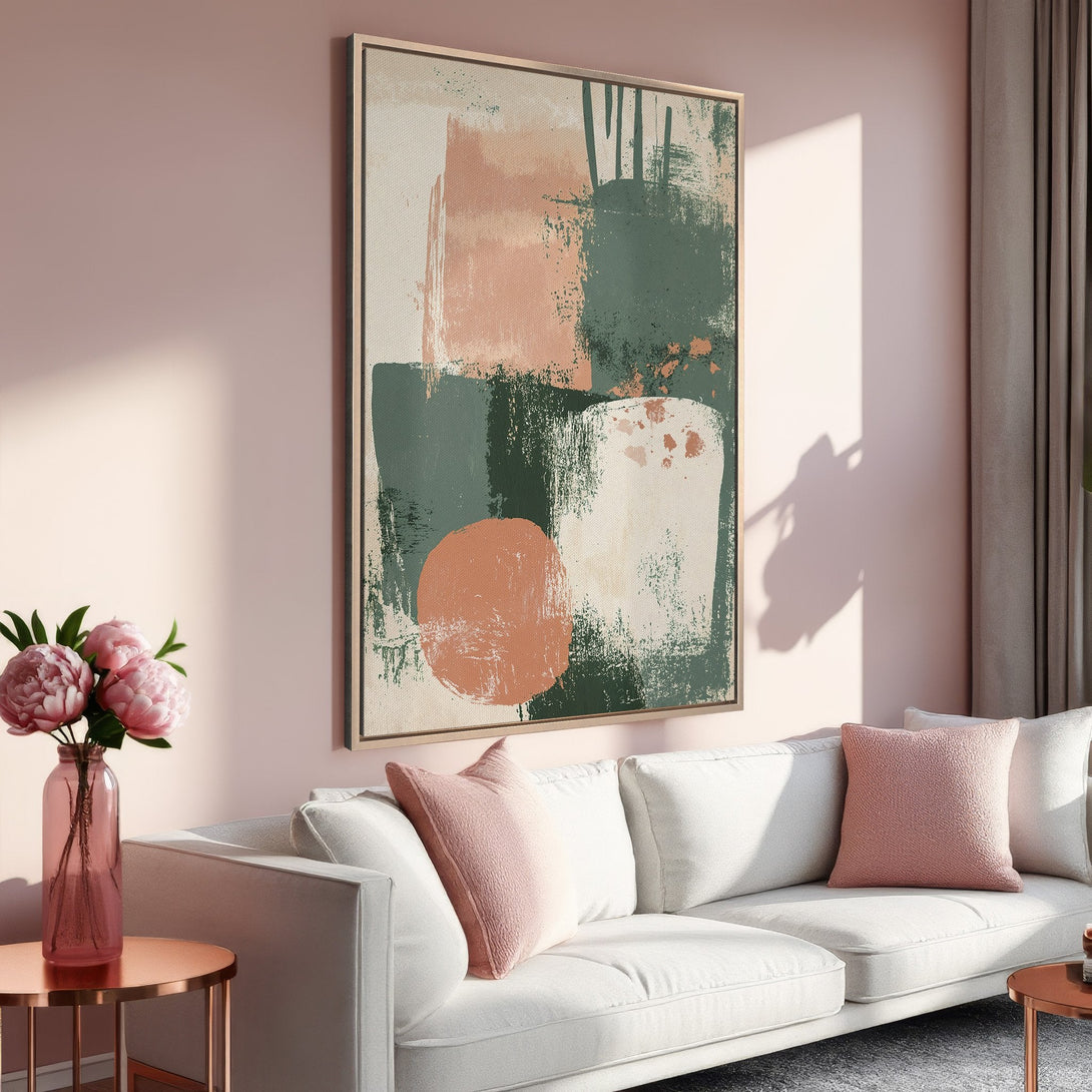 Framed Wall Art featuring abstract brushstrokes in a warm, earthy palette of greens, pinks, and creams. Perfect for modern living room decor.