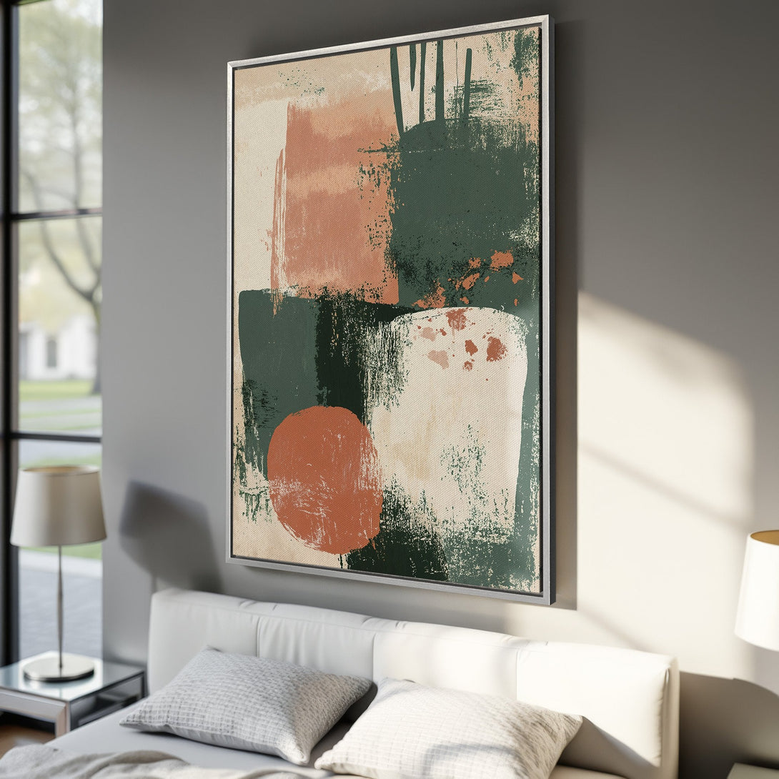 Framed Wall Art: Abstract art Canvas Print in earthy tones of green, orange, and beige. Modern style adds a touch of elegance to any room.