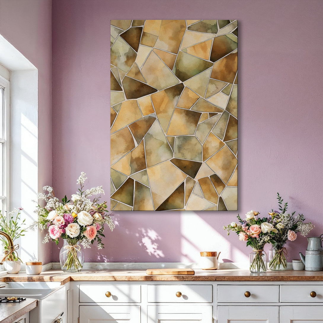 Framed Wall Art: Abstract watercolor mosaic in warm earth tones. Enhance your living room with this stylish, modern Canvas Print.