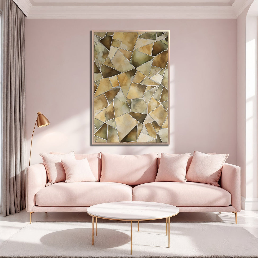 Framed Wall Art featuring an abstract geometric design in earthy tones. Perfect for adding a touch of modern elegance to your living room. Warm color palette.