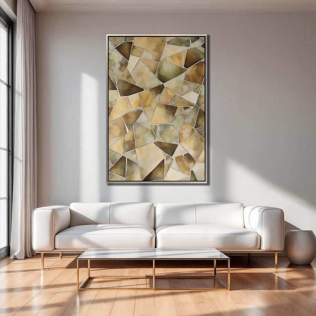 Framed Wall Art: Abstract geometric design in warm earth tones. Modern living room decor with canvas print. Enhance your space with stylish art.