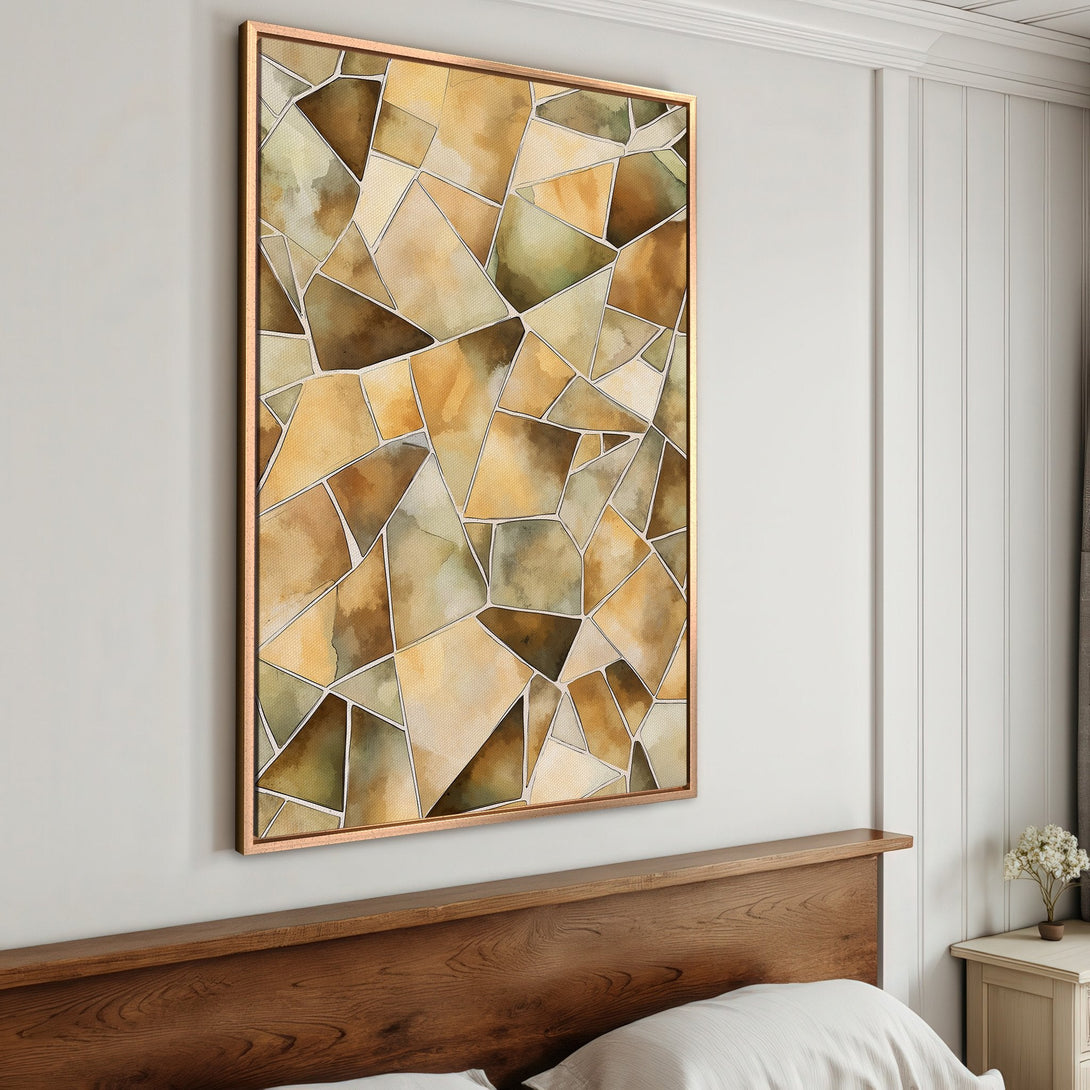 Framed Wall Art featuring an abstract geometric design in warm earth tones of gold, brown, and green. Perfect for modern home decor.