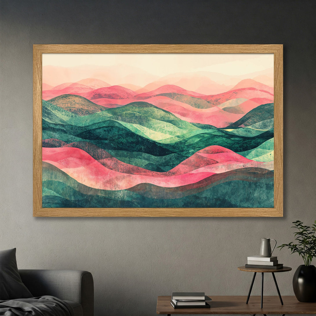 Framed Poster featuring abstract mountain landscape art in pink and teal tones. Modern decor for your home.
