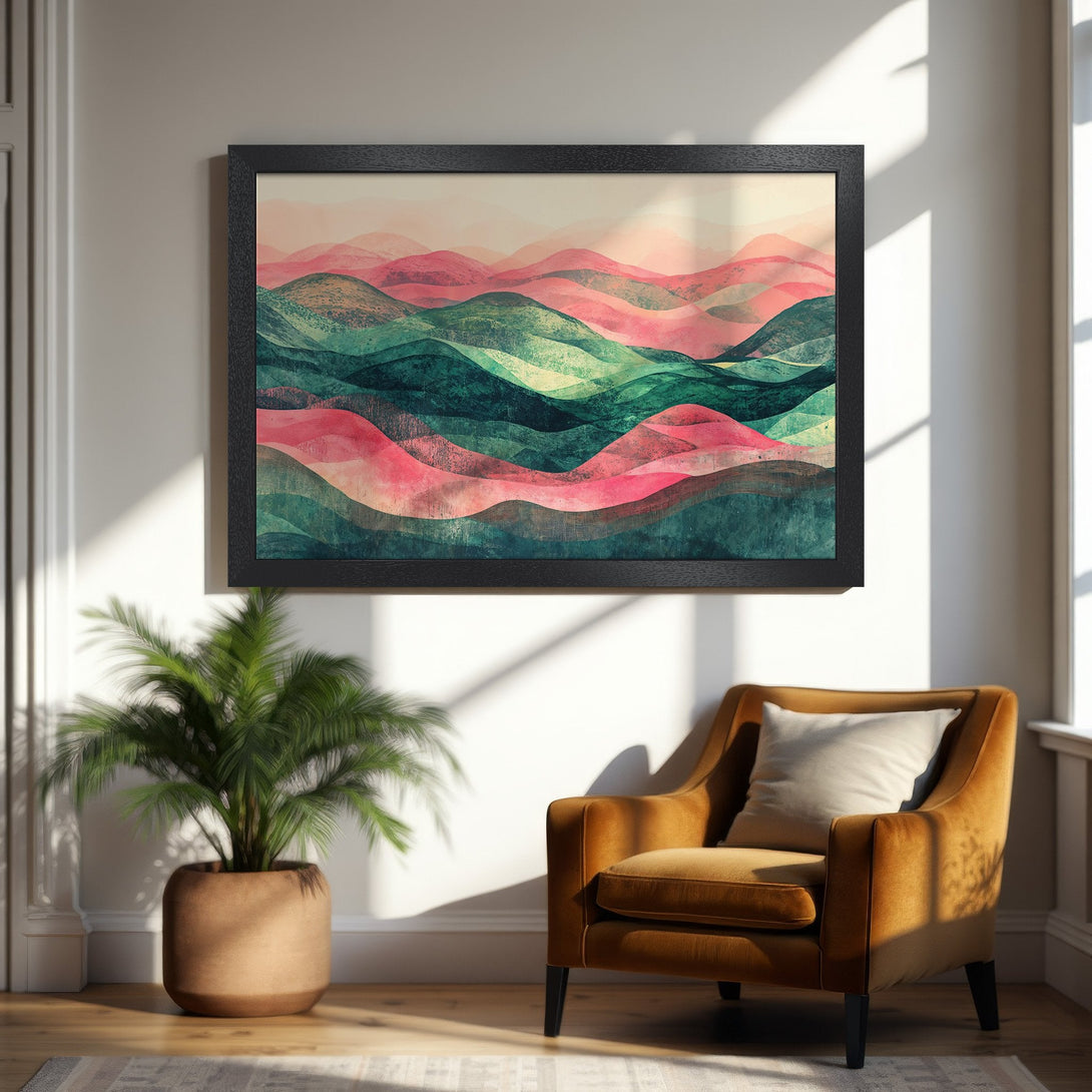 Framed Poster featuring abstract landscape art in pink, green, & teal. Modern style, perfect wall decor for any room.