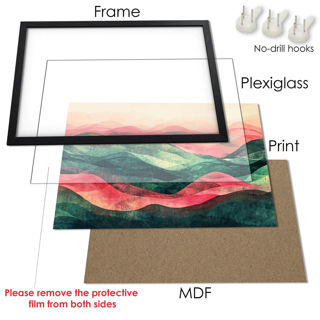Framed Poster with abstract mountain art. Features a modern, minimalist style with a warm, earthy red and green color palette. Ready to hang!