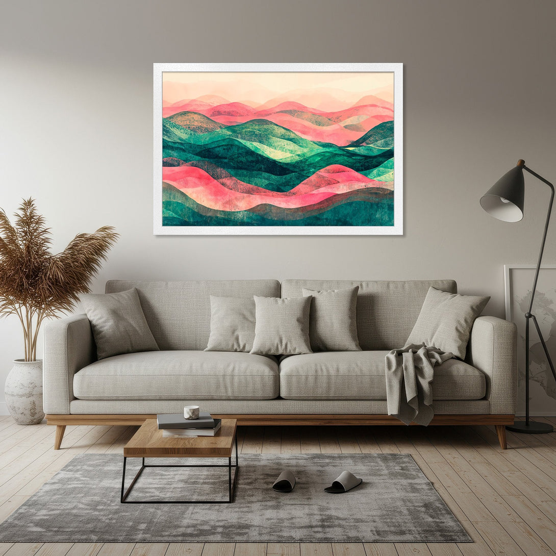 Framed Poster featuring abstract mountain landscape art in teal, pink, and peach tones. Perfect wall decor for modern homes.