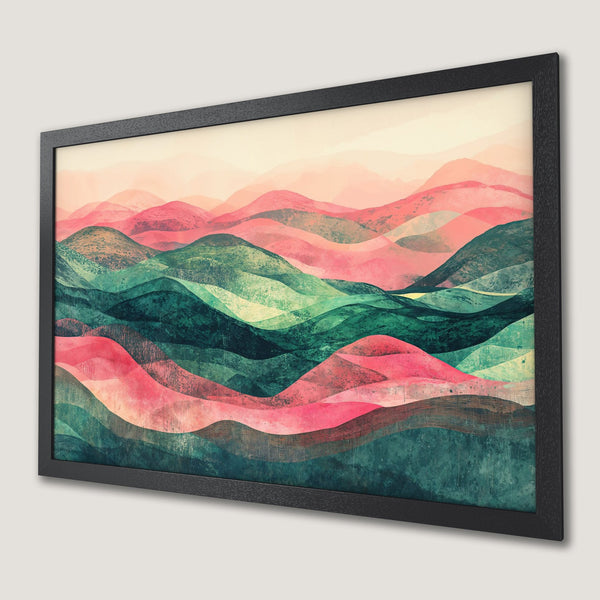 Framed Poster featuring abstract mountain landscape art in a vibrant pink and teal color palette.