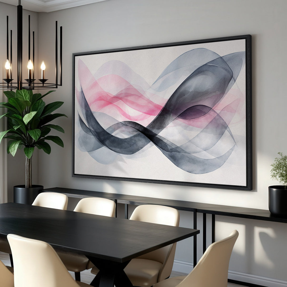 Framed Wall Art featuring abstract watercolor waves in pink, gray, and black. Modern art for dining room decor. Enhance your space with this stunning piece.