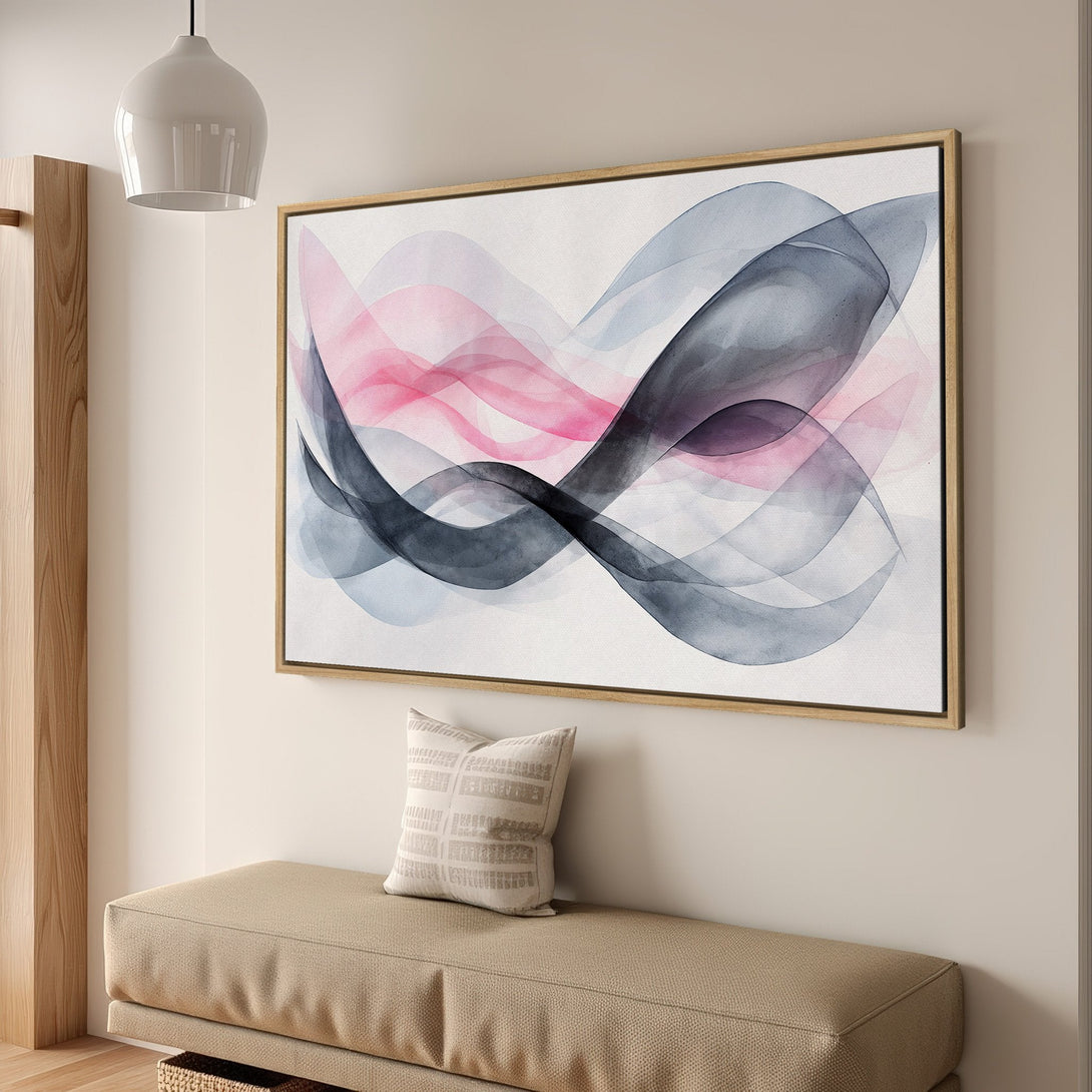 Framed Wall Art featuring abstract watercolor waves in pink, gray, and black. Modern art print for a stylish interior.