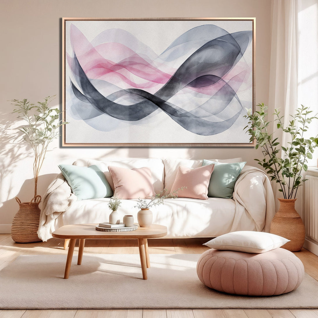Framed Wall Art: Abstract watercolor Canvas Print in pink, gray, and blue. Modern art for living room decor. Shop now for stylish home accents.