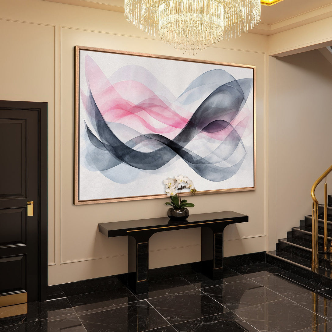 Framed Wall Art: Abstract watercolor canvas print with pink, gray and white hues. Modern art for elegant interior decor.