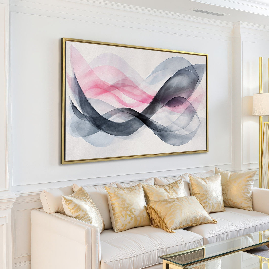 Abstract Canvas Print with flowing watercolor design in pink, gray, and blue hues. Modern wall art perfect for living room decor.