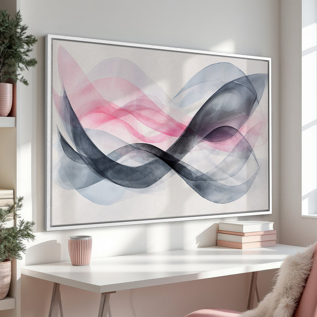Framed Wall Art featuring abstract watercolor waves in pink, gray, and blue hues. Modern art for home decor.