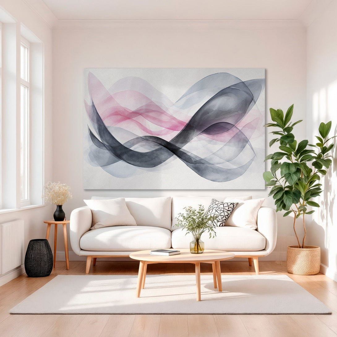 Framed Wall Art: Abstract watercolor waves in pink and gray. Modern art Canvas Print with gold frame, perfect for living room decor.