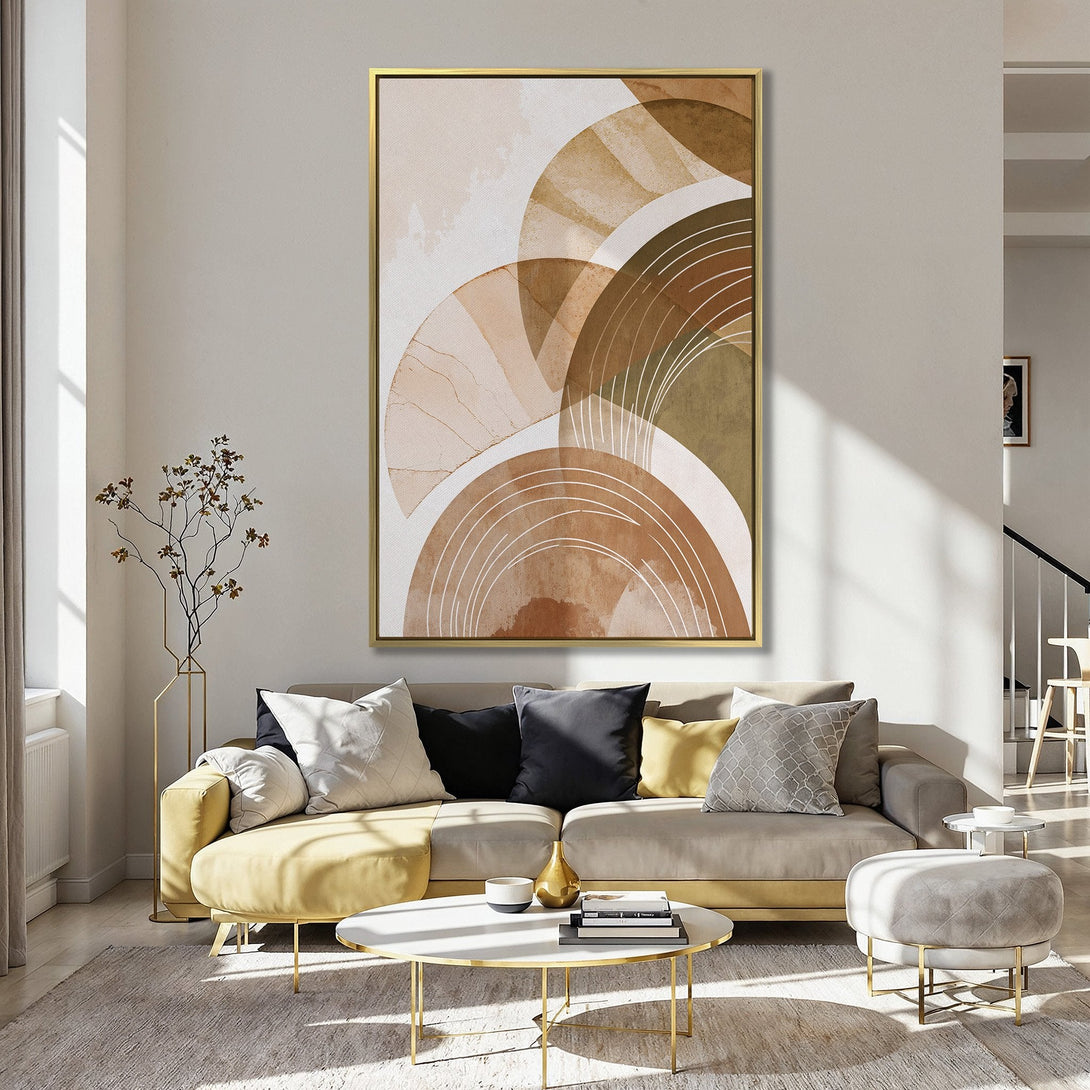 Canvas Print featuring abstract geometric art in warm earth tones, displayed in a stylish kitchen. Perfect for adding modern flair and a pop of color to your home decor.
