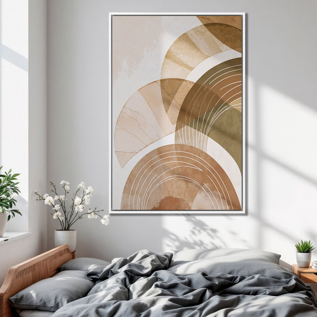 Framed Wall Art featuring an abstract design in earthy tones. Modern, minimalist style with a warm, neutral color palette perfect for bedroom decor.
