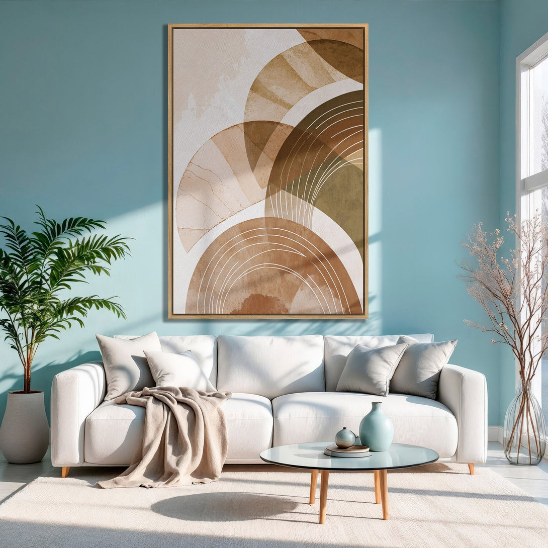 Framed Wall Art: Abstract art canvas print in neutral tones, perfect for adding a touch of modern elegance to any space. Earthy color palette.