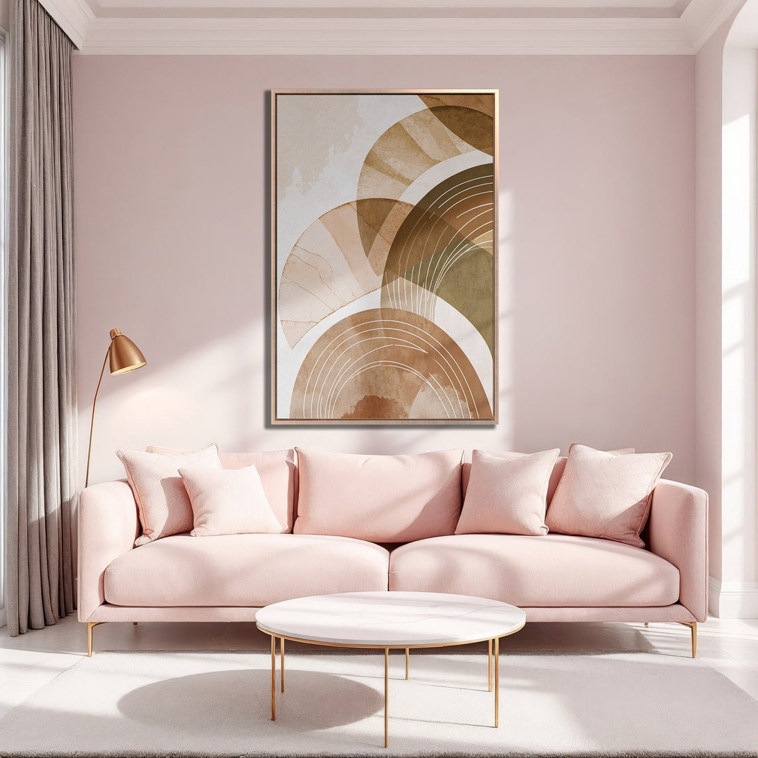 Framed Wall Art: Abstract geometric canvas print in warm earth tones. Modern art for living room decor, featuring a blush pink and neutral color palette.
