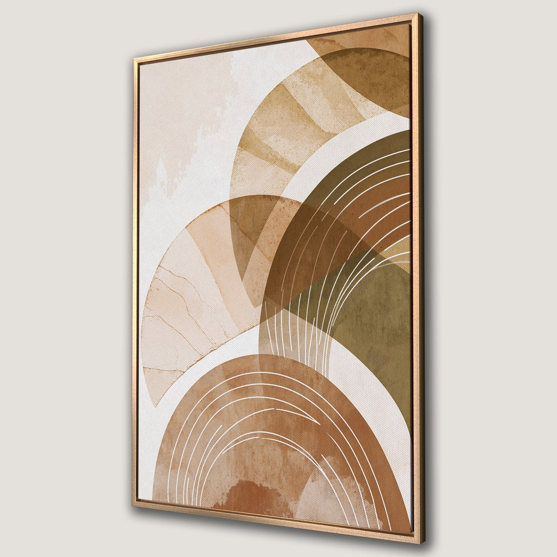 Framed Wall Art featuring abstract geometric design in warm earth tones. Modern canvas print perfect for living rooms and bedrooms.