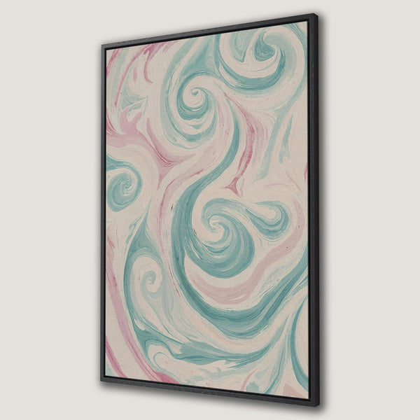 Framed Wall Art featuring abstract swirls in teal and pink. Modern Canvas Print with a calming, pastel color palette. Perfect for adding art to your home.