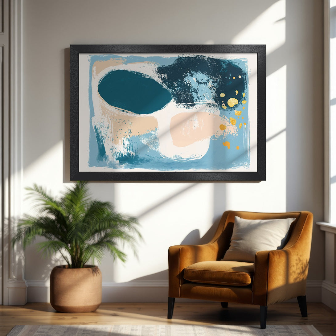 Framed Poster featuring abstract art in teal, beige, and gold. Modern style, perfect for home decor.