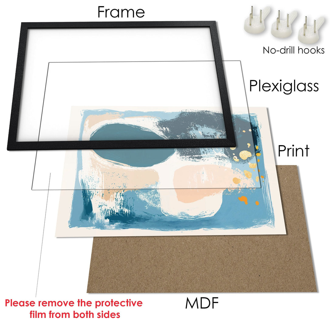 Framed Poster featuring an abstract art print with blue, beige, and gold tones. Modern style, ready to hang and elevate your space!