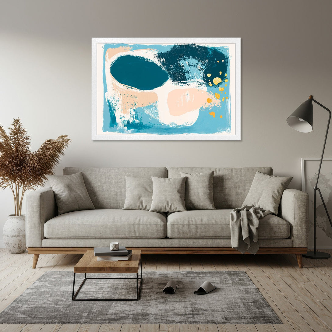 Framed Poster featuring an abstract art piece in blue, teal, peach, and gold hues. Modern art style for home decor.