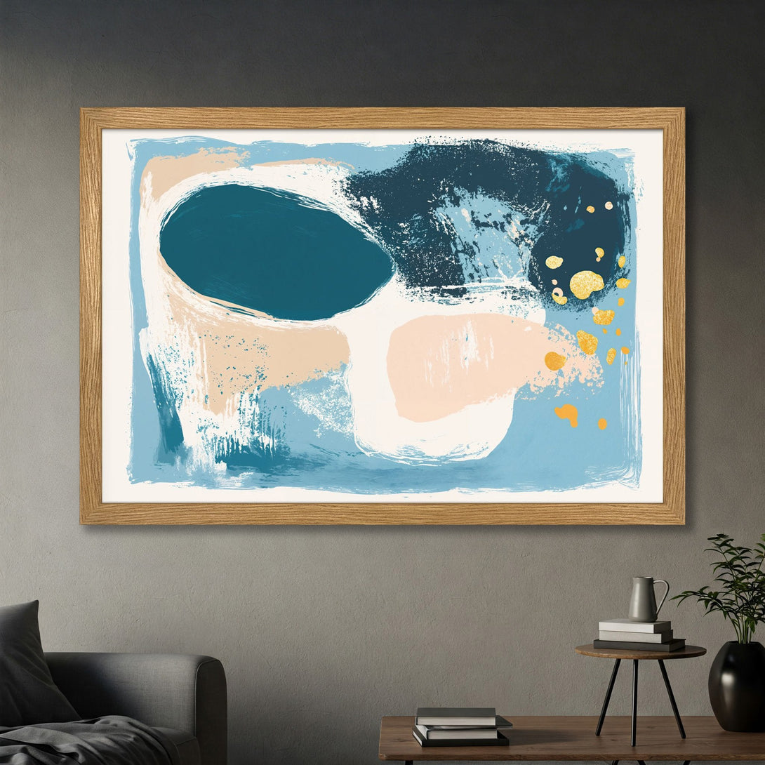 Framed Poster featuring abstract art with blue, beige, and gold brushstrokes. Modern wall decor for your home or office.