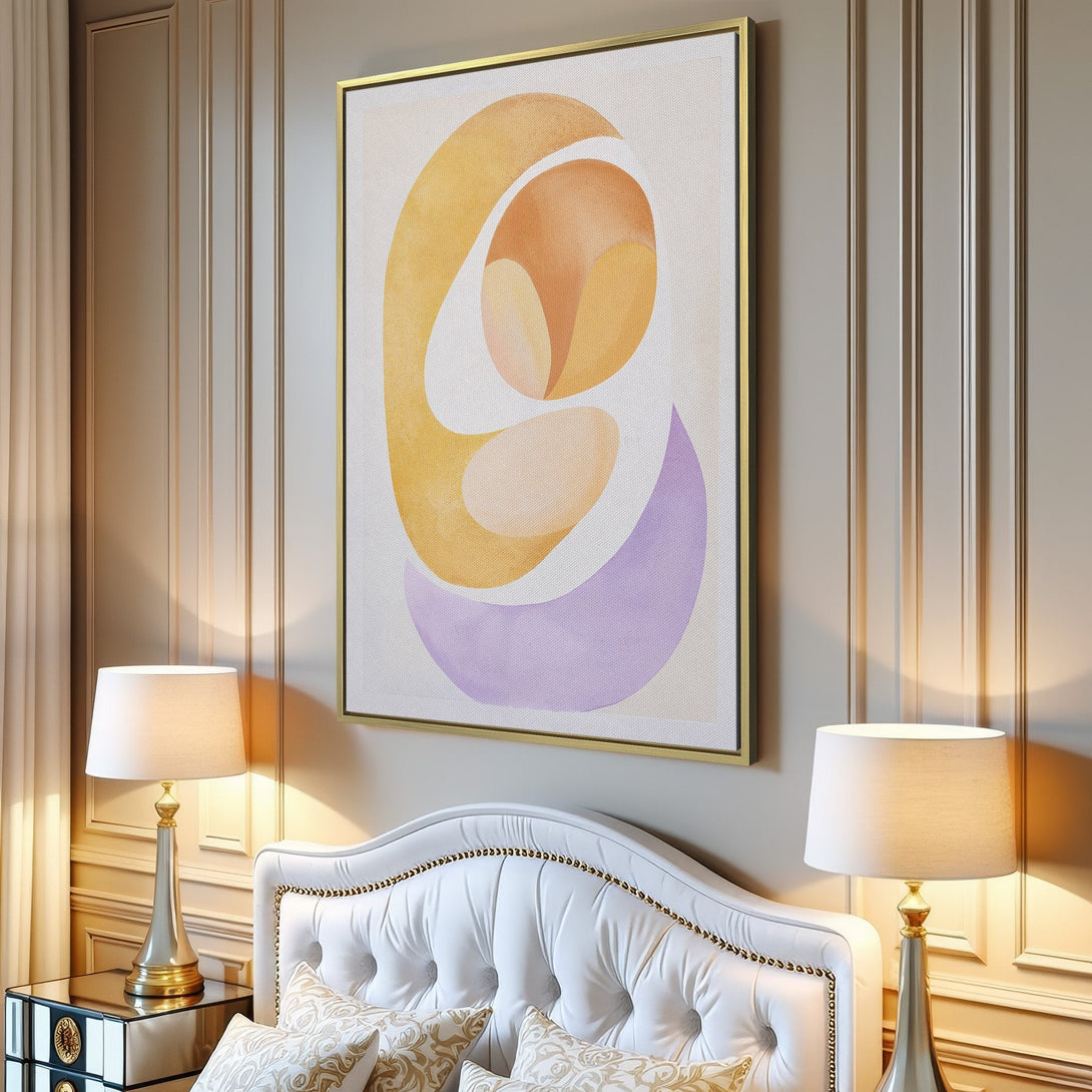 Canvas Print of abstract art in warm yellow, peach, and lavender hues. Modern wall art for a stylish interior.