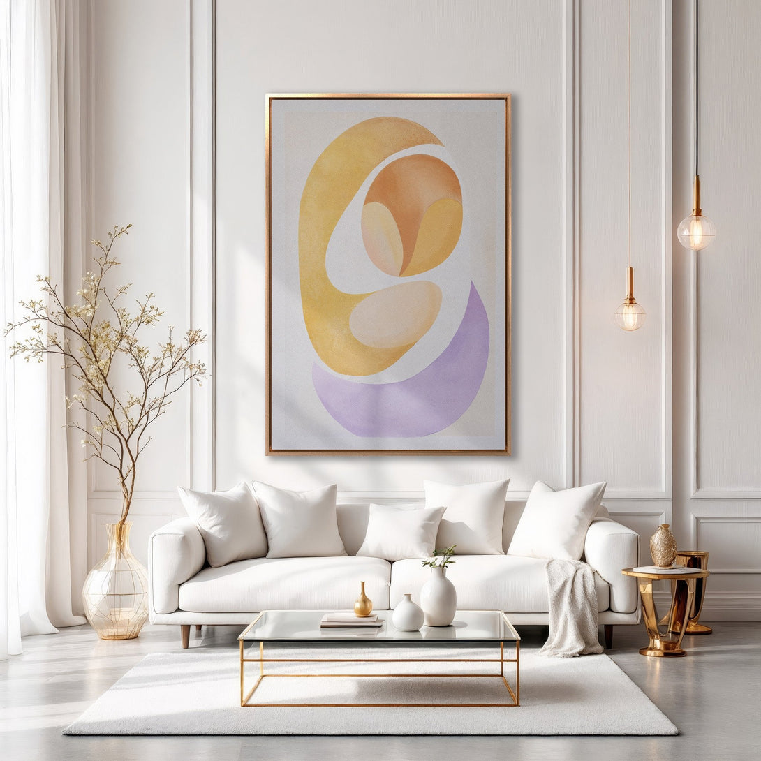 Framed Wall Art: Abstract art print in a modern interior. Features warm yellow, orange, and purple tones. Perfect for adding a pop of color to your space.