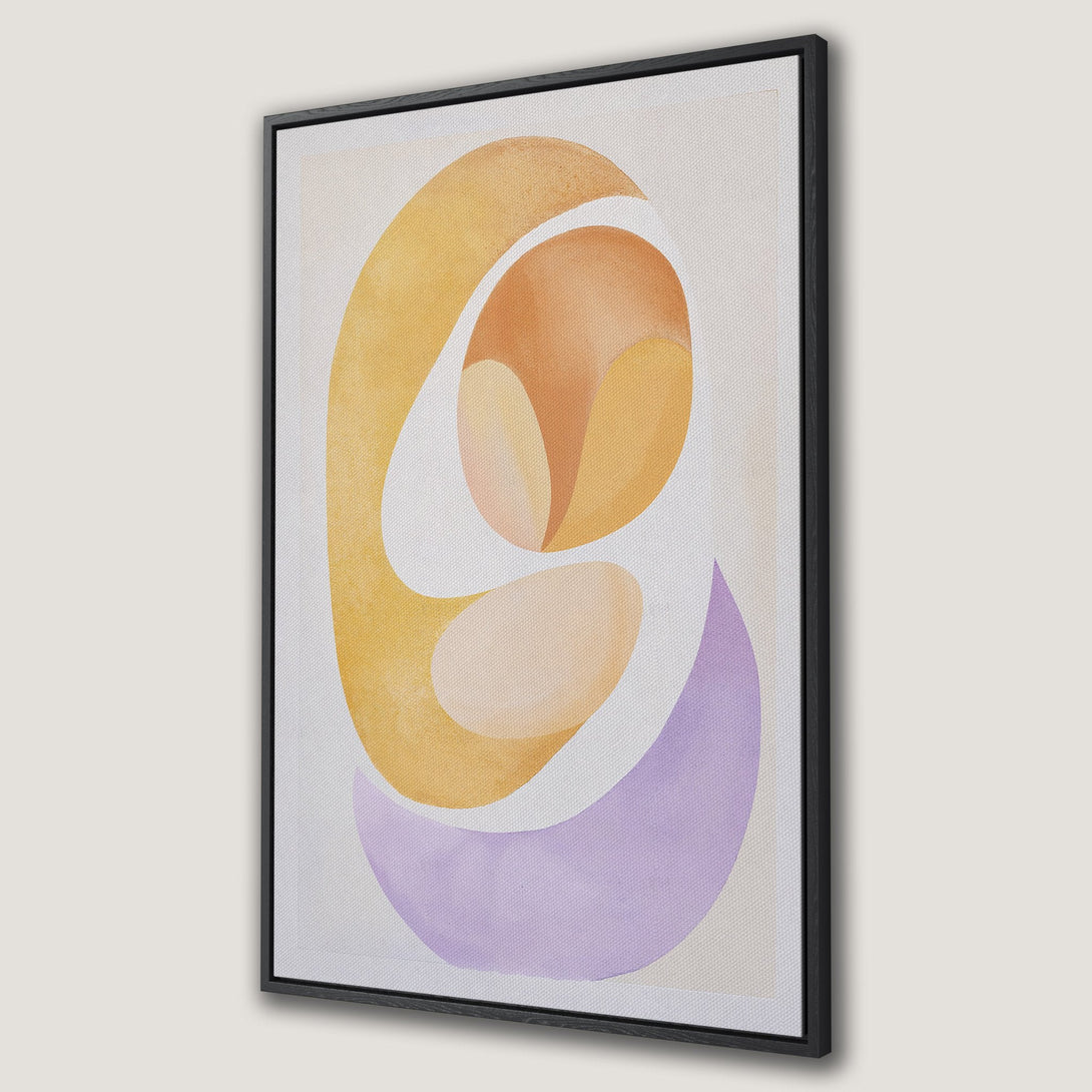 Framed Wall Art featuring an abstract watercolor design in warm yellow, orange, and purple hues. Modern art piece perfect for adding a pop of color to any space.