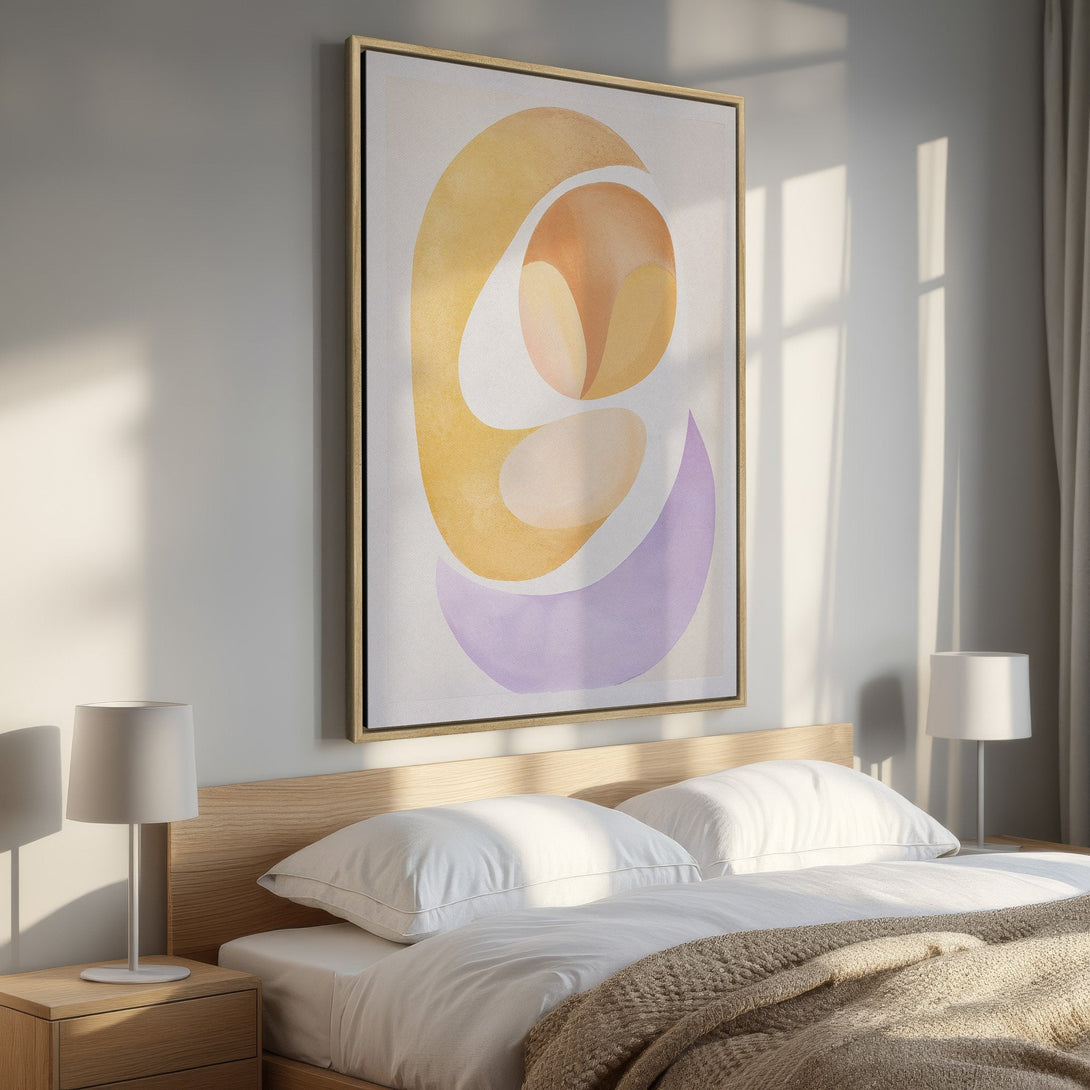Framed Wall Art: Abstract art Canvas Print in a bedroom. Features a modern, minimalist design with warm yellow, orange, and purple hues. Perfect for home decor.